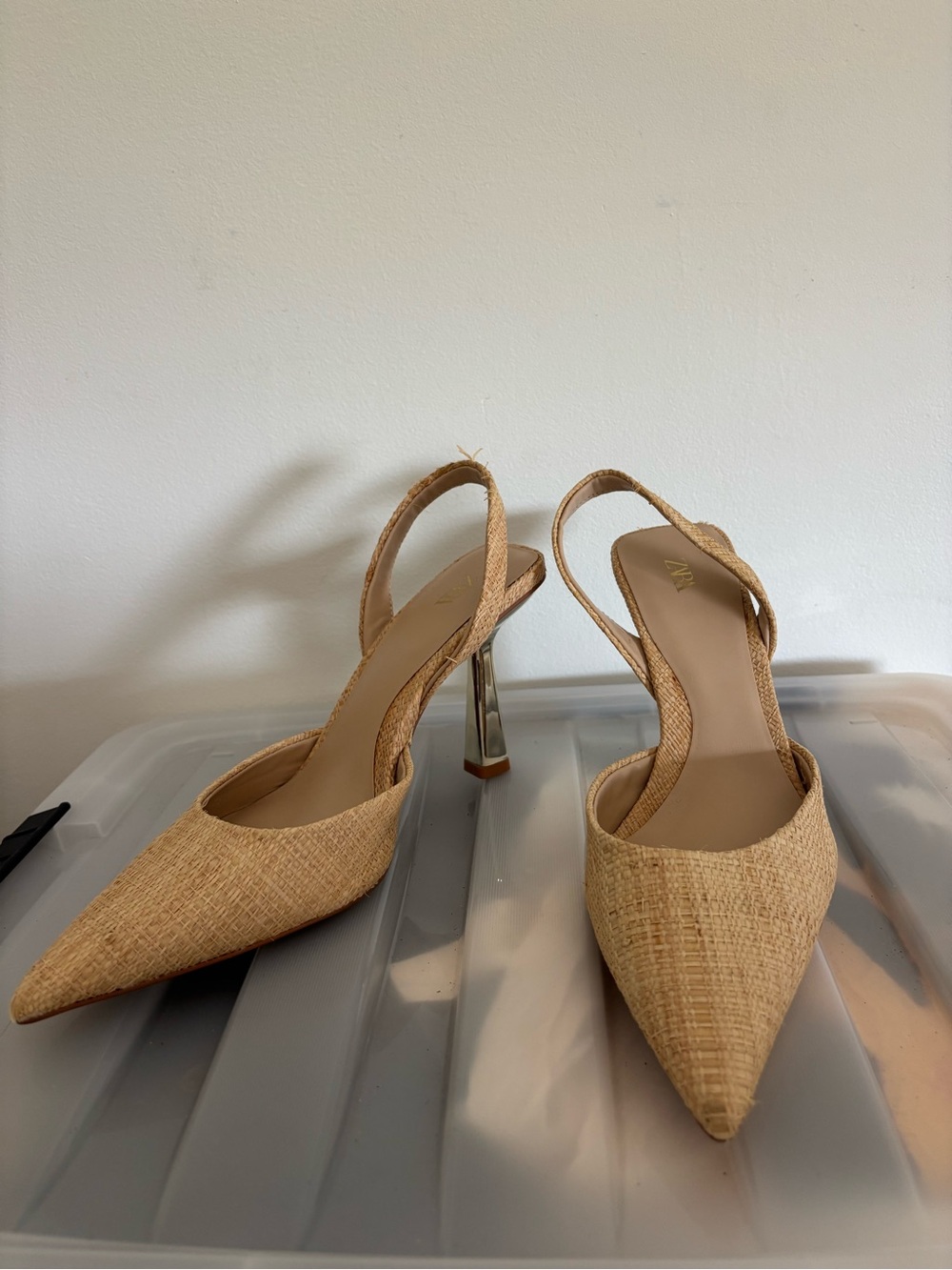 Zara Beige Woven Pointed-Toe Slingback Heels